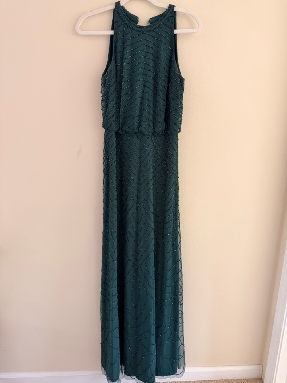 Adrianna Papell Art Deco Beaded Blouson Dress in Dusty Emerald
